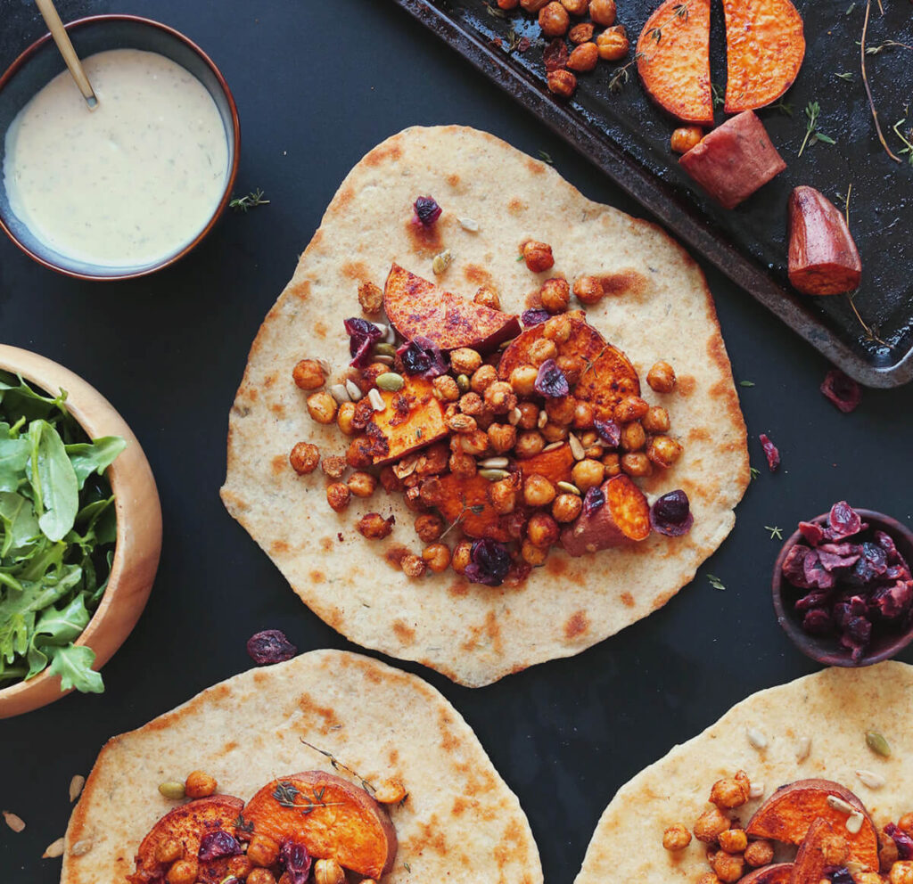 Plant-based wraps filled with thanksgiving meal veggies