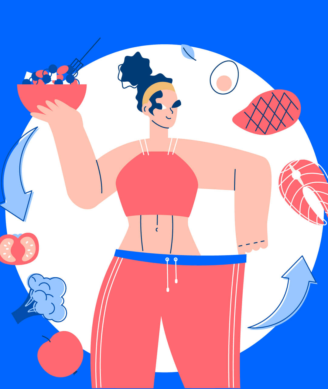 An illustration of a woman who has opted for high protein foods and can clearly see that she has lost weight