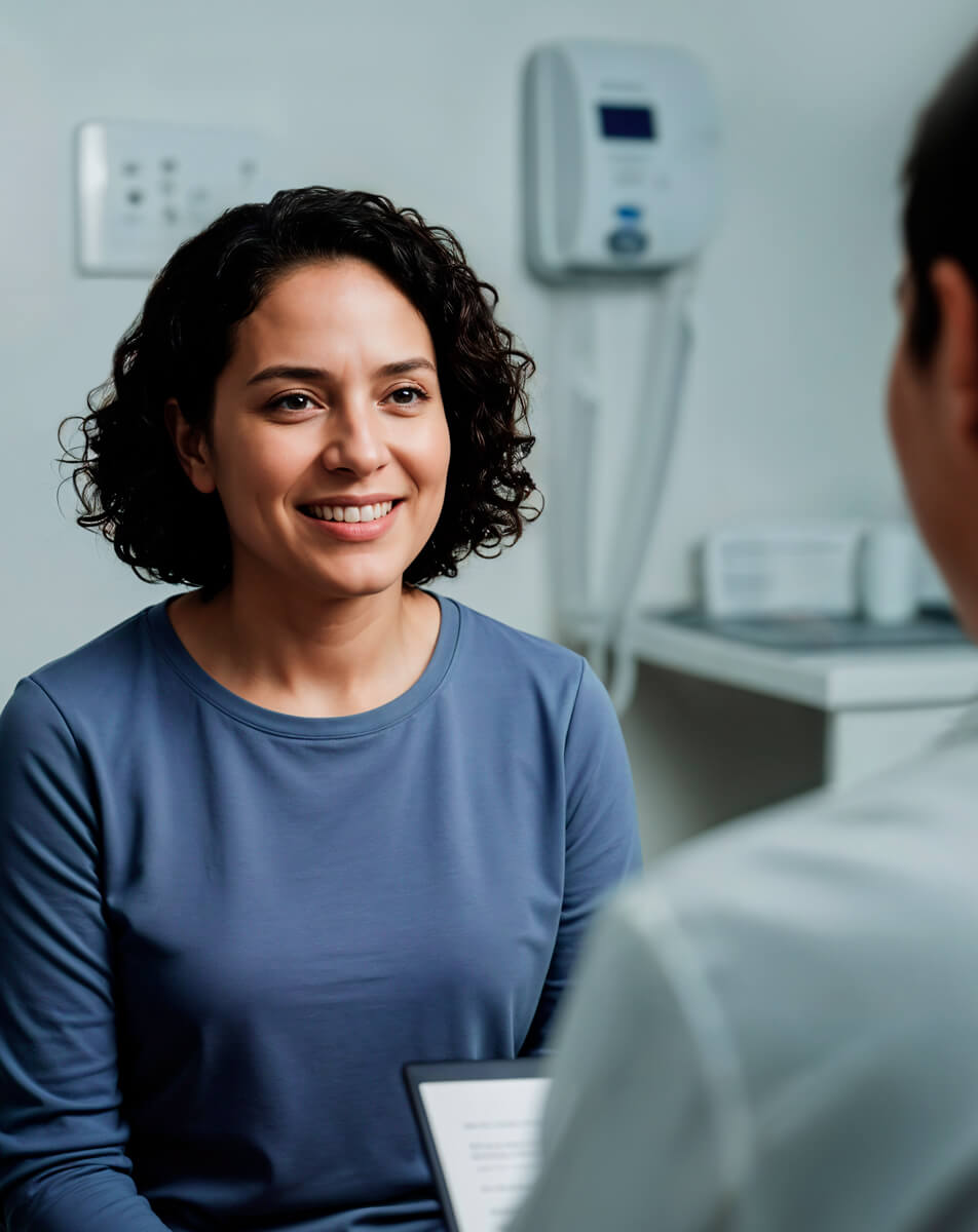 A female patient seated happily opposite a doctor